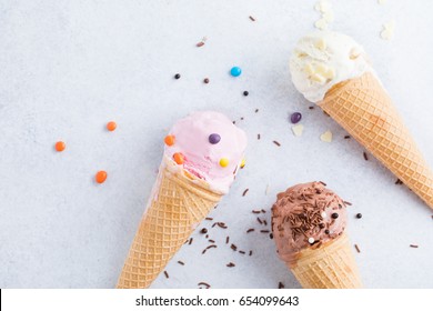 Ice Cream Cones On A Table. Top View