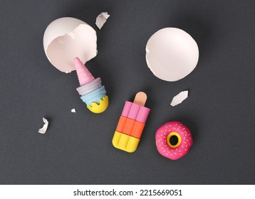 Ice Cream And Donut Hatched From Egg On Gray Background. Creative Layout