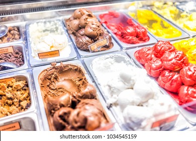 Ice Cream Frozen Yogurt Colorful Serving Counter Parlour With Many Scoopable Flavors, Sorbet, Chocolate, Toppings