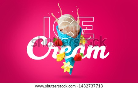 ice cream and fruit banner manipulation.  
Ready typography. Pink background. Fruit explotion and ice cream. Taste 