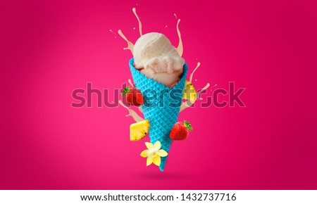 ice cream and fruit banner manipulation.  
Ready typography. Pink background. Fruit explotion and ice cream. Taste 