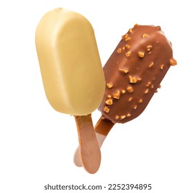 Ice cream in a glaze of white chocolate and in a glaze of milk chocolate and nuts on wooden sticks. Isolate on a white background - Powered by Shutterstock