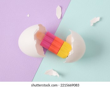 Ice Cream Hatched From Egg On Pastel Background. Creative Layout