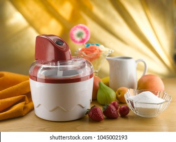 Ice Cream Maker And Fruit On A Kitchen Shelf