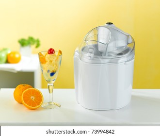 Ice Cream Maker Machine Tool, Can Makes Variety Flavor, An Image Isolated In The Kitchen Interior