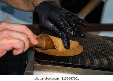 Ice Cream Maker Makes Ice Cream Cornet; Waffle Cone