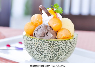 Ice Cream And Melon In Melon Skin Dish