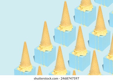 Ice cream melting on a cube arranged in a pattern on a blue background. Summer aesthetic sweet food concept with diagonal copy space. - Powered by Shutterstock