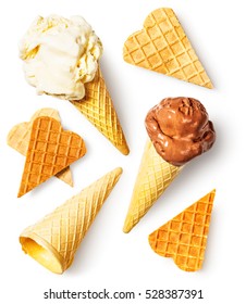 Ice Cream With Melting Scoops, Empty Waffle Cone And Wafer Hearts Collection. Summer Sweet Dessert. Design Elements Isolated On White Background. Flat Lay, Top View
