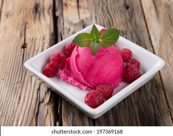 Ice Cream Raspberry , Summer Sundae With Fresh Fruits On Wooden Background 