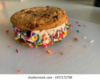 Ice Cream Sandwich With Sprinkles And Chocolate Chip Cookie￼