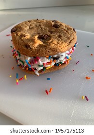 Ice Cream Sandwich With Sprinkles And Chocolate Chip Cookie