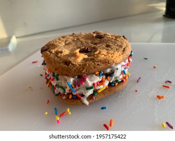 Ice Cream Sandwich With Sprinkles And Chocolate Chip Cookie