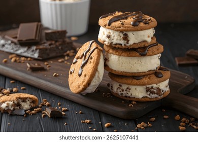 Pila de sándwich de helado con goteo de chocolate