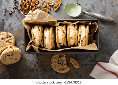 Ice Cream Sandwiches With Nuts And Caramel And Chocolate Chip Cookies Overhead Shot