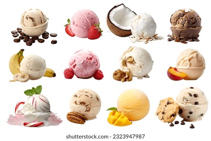 Ice cream scoop ball with fruits toppings on white background cutout. Many assorted different flavour Mockup template for artwork design.