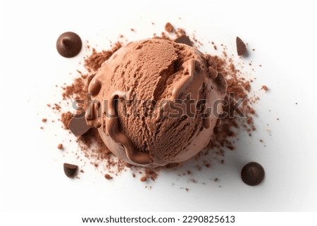 Ice cream scoop isolated on white background, top view image. Tasty chocolate desserts concept, closeup studio shot. Summer desserts, chocolate pralines.