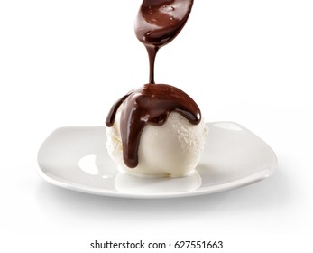 ice cream scoop on plate close-up with melted flowing down chocolate isolated on white background
 - Powered by Shutterstock