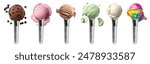 Ice cream scoop on Stainless steel scoop scooper on background cutout file. Many assorted different flavour Mockup template for artwork design.	
