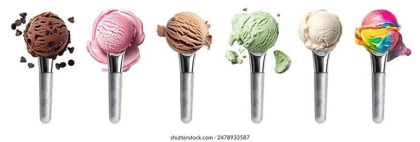 Ice cream scoop on Stainless steel scoop scooper on background cutout file. Many assorted different flavour Mockup template for artwork design.	