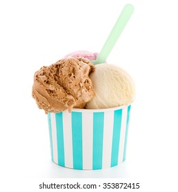 Ice Cream Scoop In Paper Cup On White Background.