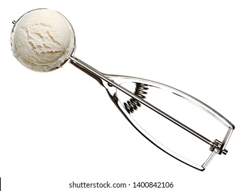 Ice Cream Scoop Or Scooper With Vanilla Ice Cream Isolated On White Background