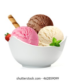 ice cream scoops in bowl on white background