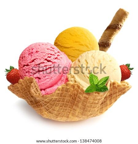 Ice cream scoops / ice cream in bowl / strawberry ice cream with wafer stick in waffle bowl isolated on white background