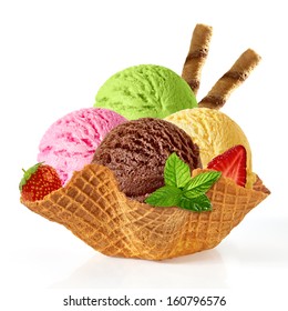 Ice cream scoops with wafer stick in waffle bowl isolated on white background - Shutterstock ID 160796576