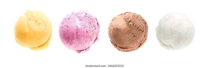 Ice Cream Set, various  ice cream scoops isolated on white background, top view, copy space. Frozen yogurt or ice cream balls assortment - healthy summer dessert. - Powered by Shutterstock