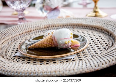 Ice Cream Shaped Cake On Wicker Charger Plate