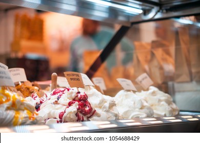 Ice Cream In Showcase Fridge At Confectionery Shop