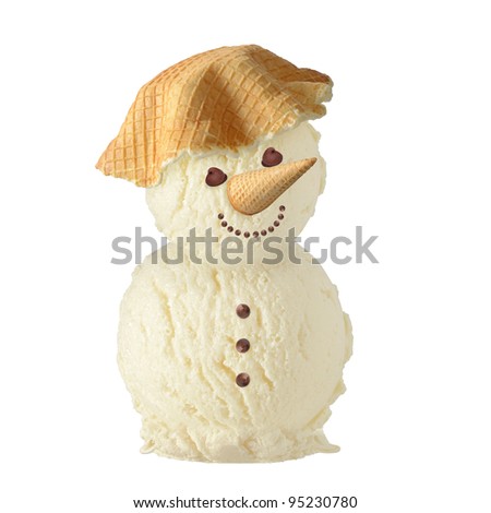 Ice cream snowman with cone and vanilla icecream scoops isolated on white background