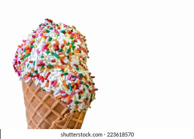 Ice Cream with Sprinkles in a Waffle Cone on a White Background