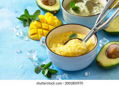 Ice Cream, Summer Sweet Snack Or Dessert. Homemade Avocado And Mango Fruit Ice Cream, Tropical Fruit Sorbet On A Stone Table. Copy Space.