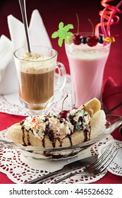 Ice Cream Sundae, Banana Split, Milkshake And Coctail