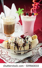 Ice Cream Sundae, Banana Split, Milkshake And Coctail