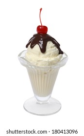 Ice Cream Sundae With Chocolate Fudge And Cherry On Top 