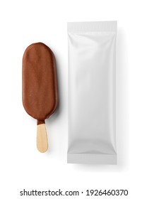 Ice cream template mock-up. Brown chocolate popsicle and clean package isolated on white background. 3D rendering and photo.