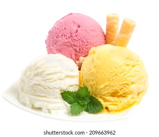 ice cream: Three flavors of ice cream with waffle on plate