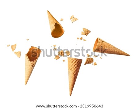 ice cream wafer cones  isolated on white background with broken wafer cone different angle wafer cones crispy texture.