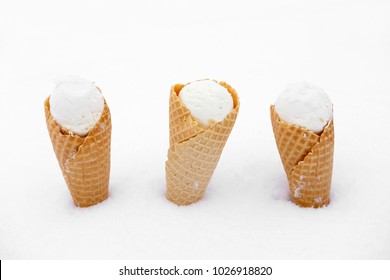 Ice Cream In Waffle Cone In Snow