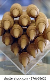 Ice Cream Waffle Cones In A Plastic Holder Box.