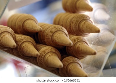 Ice Cream Waffle Cones In A Plastic Holder Box.