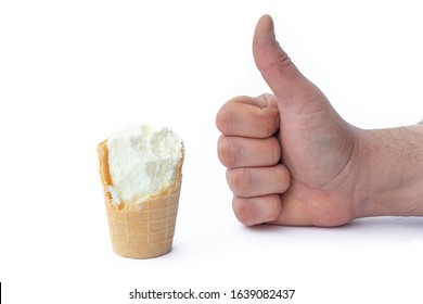 ice cream in a waffle cup. Male hand shows thumb up. Close-up. Isolated on a white background. - Powered by Shutterstock