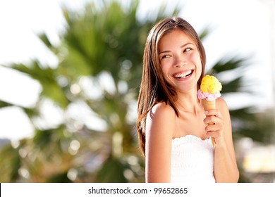 Ice Cream Woman Looking At Copy Space Happy, Joyful And Cheerful. Cute Multiracial Caucasian / Chinese Asian Young Female Model Eating Ice Cream Cone On Summer Beach.