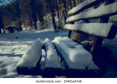 Ice Crystals On A Snowy Park Bench