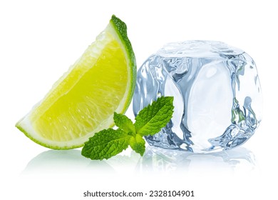 Ice cube. Ice cubes with fresh mint leaves and lime. Frozen water in shape of cube. Ice for lime drink, lemon soda or cocktails. Cold lemonade. Melting natural or real ice on white isolated background