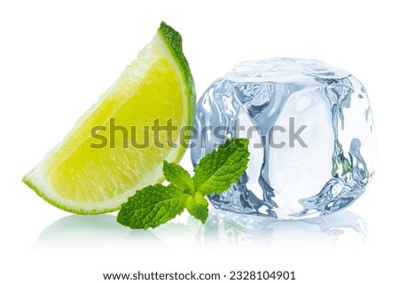 Ice cube. Ice cubes with fresh mint leaves and lime. Frozen water in shape of cube. Ice for lime drink, lemon soda or cocktails. Cold lemonade. Melting natural or real ice on white isolated background