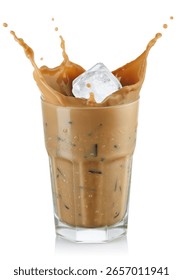 Ice cube falling into coffee with milk forming splash isolated on white background